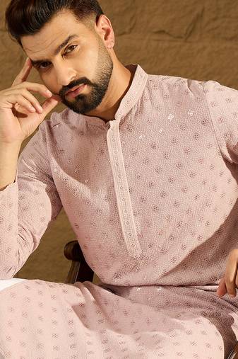 Men purple viscose rayon solid embroidered straight kurta