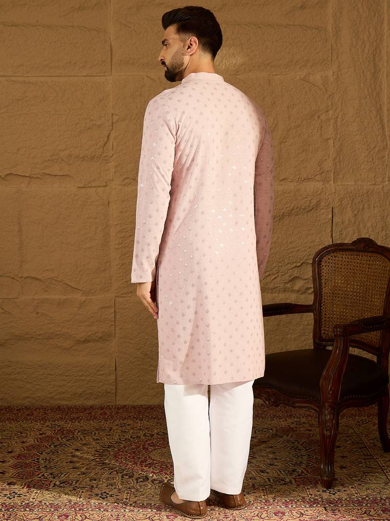 Men purple viscose rayon solid embroidered straight kurta