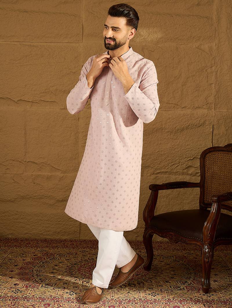 Men purple viscose rayon solid embroidered straight kurta
