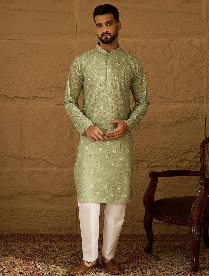 Men green viscose rayon bandhani embroidered straight kurta