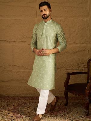 Men green viscose rayon bandhani embroidered straight kurta 3