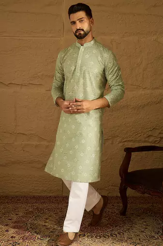 Men green viscose rayon bandhani embroidered straight kurta