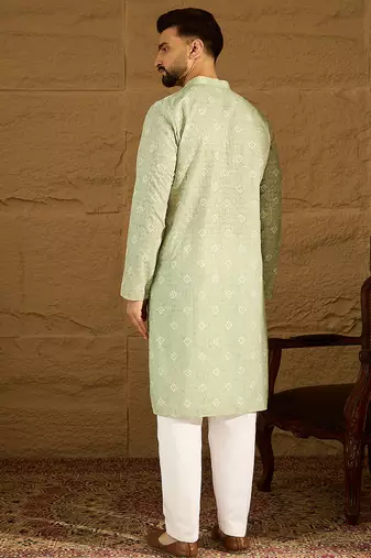 Men green viscose rayon bandhani embroidered straight kurta