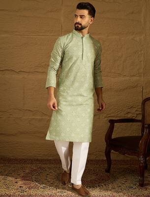 Men green viscose rayon bandhani embroidered straight kurta 5