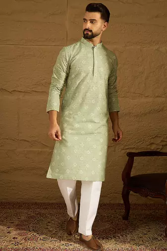 Men green viscose rayon bandhani embroidered straight kurta