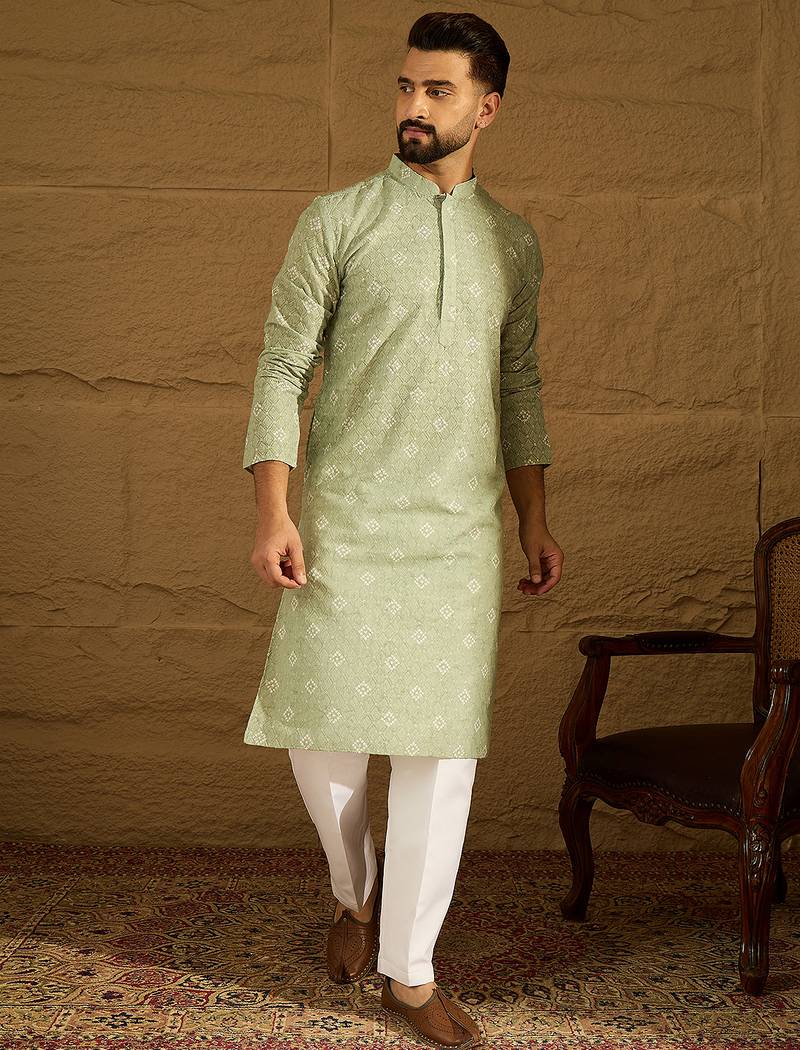 Men green viscose rayon bandhani embroidered straight kurta