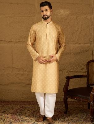 Men yellow viscose rayon bandhani embroidered straight kurta 1