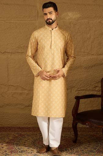 Men yellow viscose rayon bandhani embroidered straight kurta
