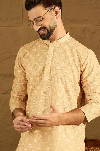 Men yellow viscose rayon bandhani embroidered straight kurta