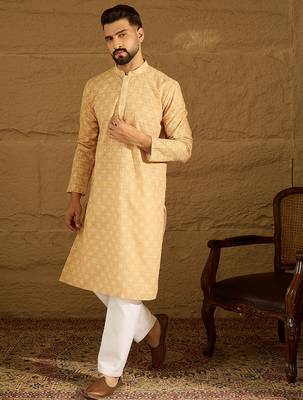 Men yellow viscose rayon bandhani embroidered straight kurta 5