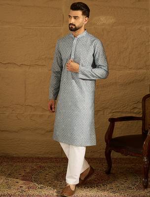 Men blue viscose rayon bandhani embroidered straight kurta 5