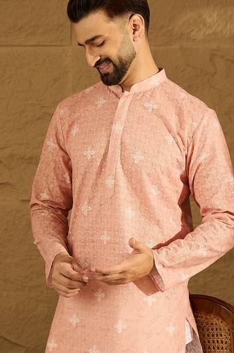 Men peach viscose rayon bandhani embroidered straight kurta