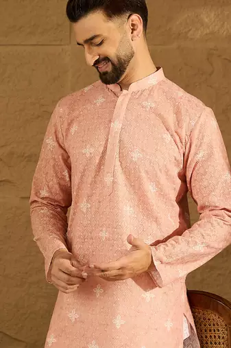 Men peach viscose rayon bandhani embroidered straight kurta