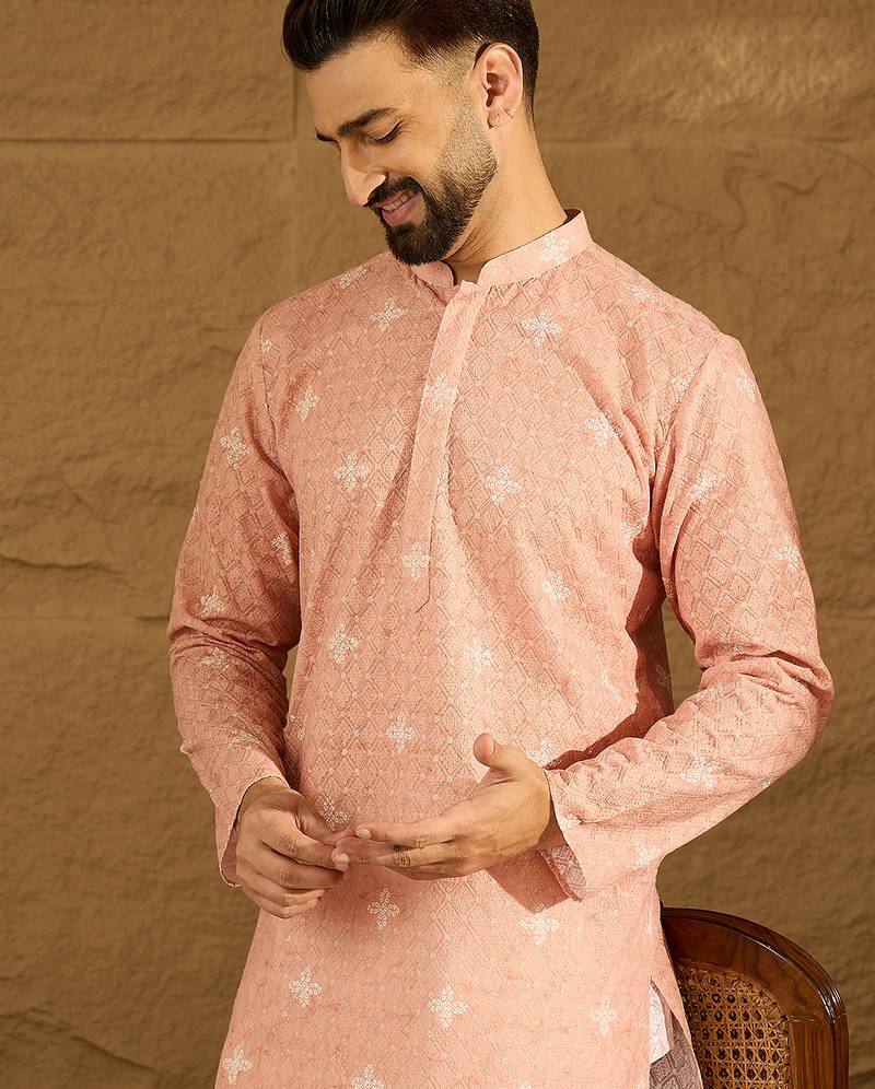 Men peach viscose rayon bandhani embroidered straight kurta