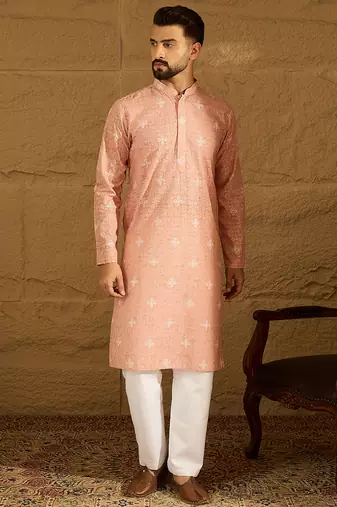 Men peach viscose rayon bandhani embroidered straight kurta