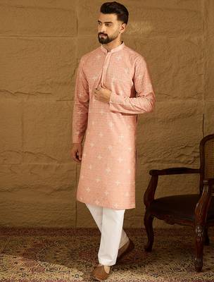 Men peach viscose rayon bandhani embroidered straight kurta 3