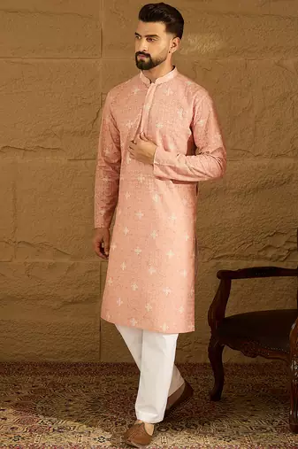 Men peach viscose rayon bandhani embroidered straight kurta