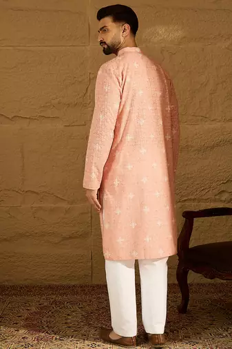 Men peach viscose rayon bandhani embroidered straight kurta