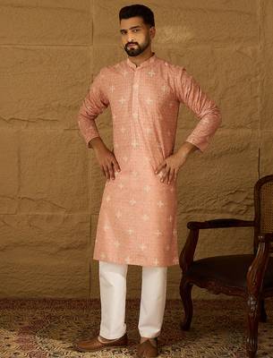 Men peach viscose rayon bandhani embroidered straight kurta 5