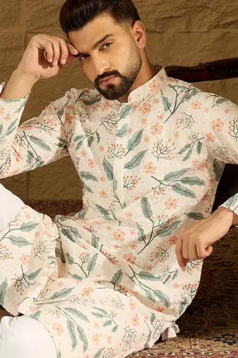 Men white viscose rayon floral embroidered straight kurta