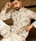 Men white viscose rayon floral embroidered straight kurta