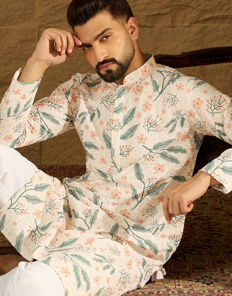 Men white viscose rayon floral embroidered straight kurta