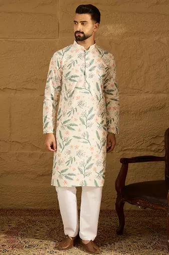 Men white viscose rayon floral embroidered straight kurta