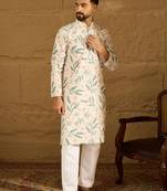 Men white viscose rayon floral embroidered straight kurta
