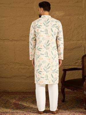 Men white viscose rayon floral embroidered straight kurta 4
