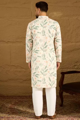 Men white viscose rayon floral embroidered straight kurta
