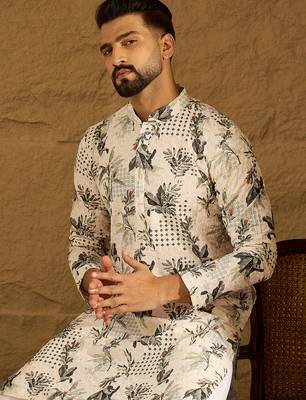 Men off white viscose rayon geometric printed straight kurta 1