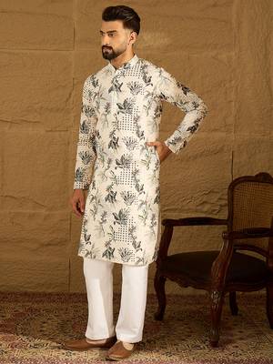 Men off white viscose rayon geometric printed straight kurta 3