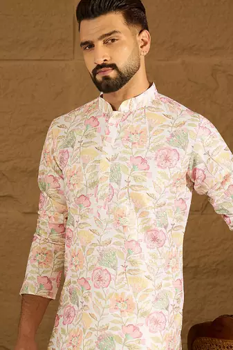 Men white viscose rayon floral embroidered straight kurta