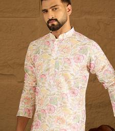 Men white viscose rayon floral embroidered straight kurta