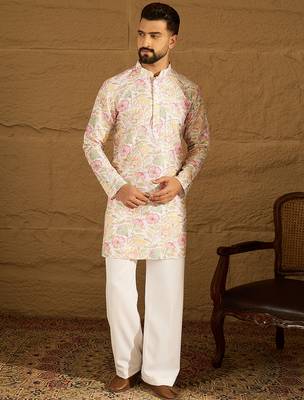 Men white viscose rayon floral embroidered straight kurta 3