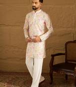Men white viscose rayon floral embroidered straight kurta