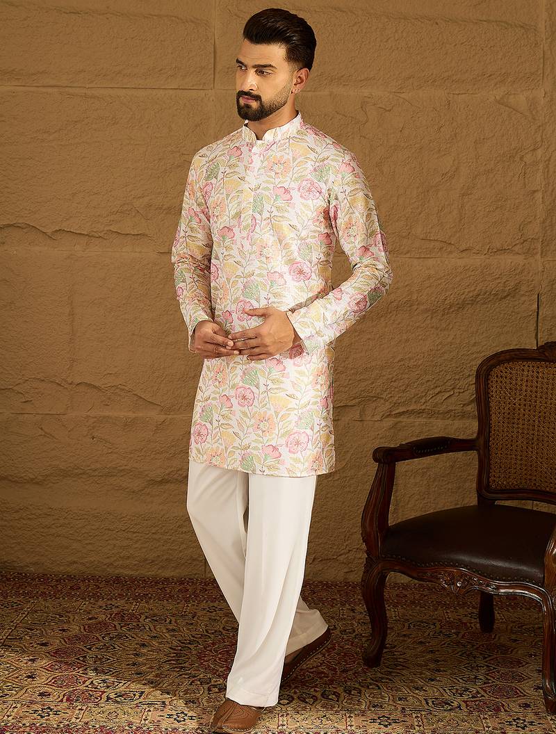 Men white viscose rayon floral embroidered straight kurta