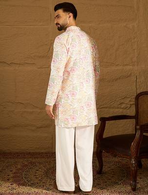 Men white viscose rayon floral embroidered straight kurta 4