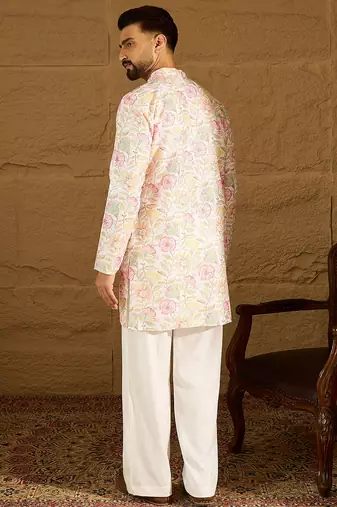 Men white viscose rayon floral embroidered straight kurta