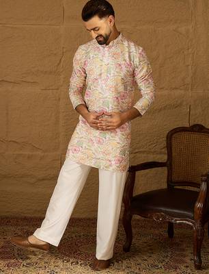 Men white viscose rayon floral embroidered straight kurta 5