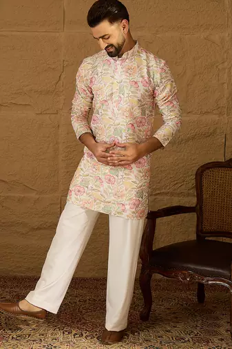 Men white viscose rayon floral embroidered straight kurta