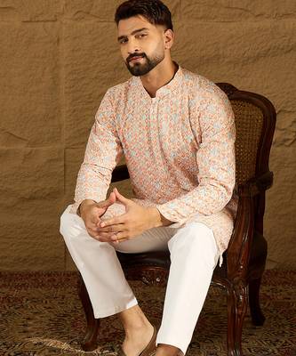 Men orange viscose rayon geometric printed straight kurta 1