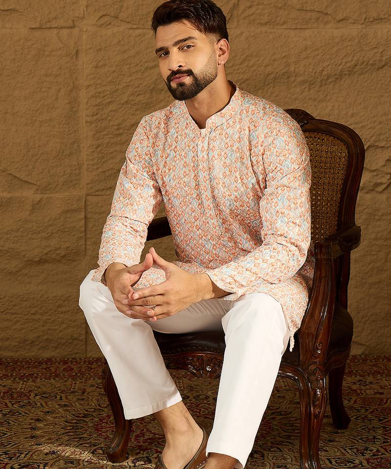 Men orange viscose rayon geometric printed straight kurta