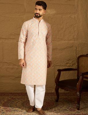 Men orange viscose rayon geometric printed straight kurta 2