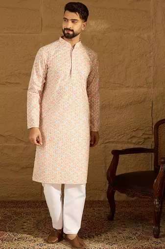 Men orange viscose rayon geometric printed straight kurta