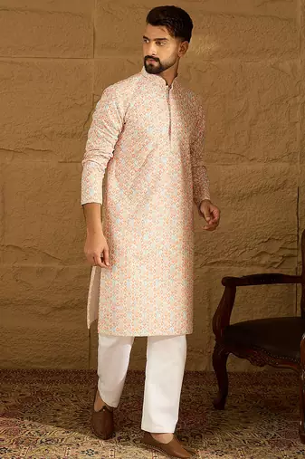 Men orange viscose rayon geometric printed straight kurta