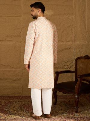 Men orange viscose rayon geometric printed straight kurta 4