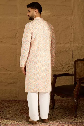 Men orange viscose rayon geometric printed straight kurta
