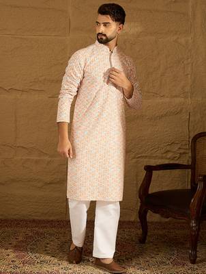 Men orange viscose rayon geometric printed straight kurta 5