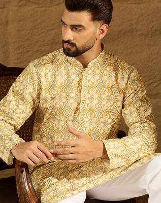 Men yellow viscose rayon geometric printed straight kurta 1